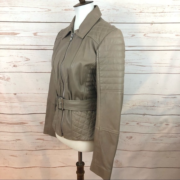 Vintage Cache Taupe Quilted Genuine Leather Beige Belted Moto Jacket - Picture 4 of 11